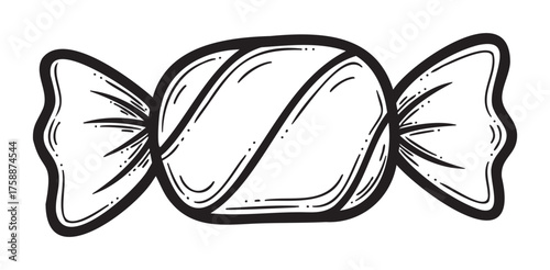 Black outline of a wrapped candy with twisted ends, featuring diagonal stripes across the center for a classic sweet treat look.