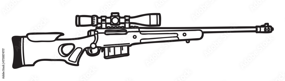 Naklejka premium Black outline of a long-barrel bolt-action sniper rifle with a detailed mounted scope and ergonomic stock design.