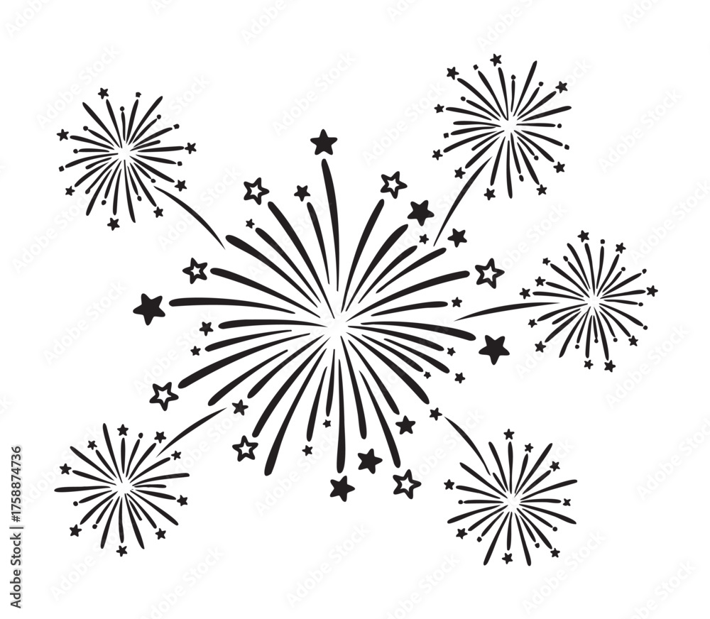Obraz premium Black outline of multiple exploding fireworks with star patterns creating a festive and celebratory design.