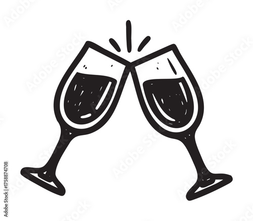 Black outline icon of two clinking champagne glasses with bubbles, symbolizing celebration and festivity.