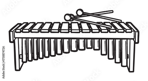 Black outline vector image of a xylophone with two mallets crossed on top, representing musical instruments and percussion concepts.