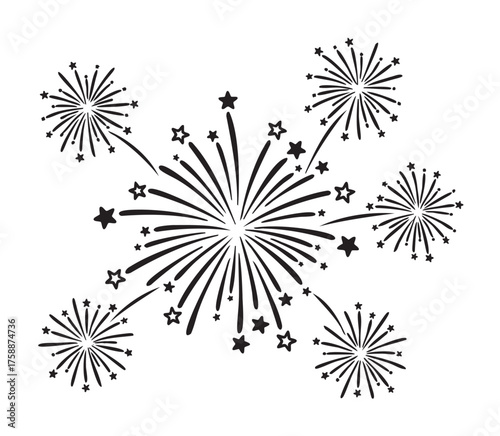 Black outline of multiple exploding fireworks with star patterns creating a festive and celebratory design.