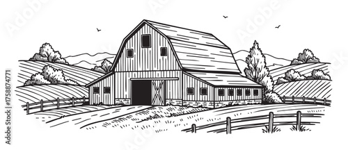 Black and white illustration of a rustic barn set in a rural landscape with rolling hills, trees, and distant mountains.