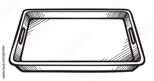 Black outline vector icon of a simple rectangular baking tray with two handles. minimal linear illustration for kitchen and cooking concepts.