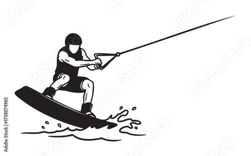 Black and white silhouette of a male wakeboarder wearing a helmet, skillfully riding on water while holding onto a tow rope.