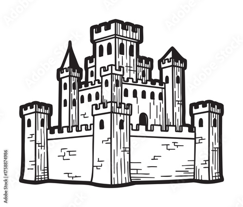 Detailed black outline drawing of a medieval castle with multiple towers and battlements, evoking a sense of history and grandeur.