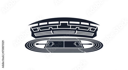 Black silhouette of a sports stadium with a running track and field in a top down view silhouette