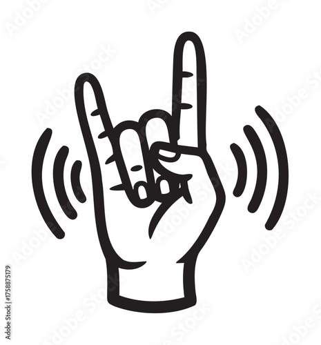 Black outline vector icon of a hand making the rock 'n' roll gesture with radiating lines symbolizing sound or energy.