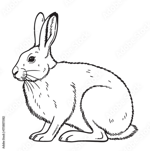Black outline drawing of a sitting rabbit facing left, showing detailed fur texture and distinctive long ears.