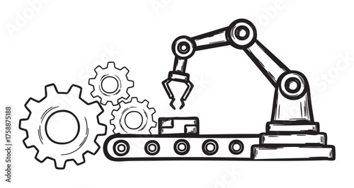 Black and white outline of an industrial robotic arm next to multiple gears, illustrating automation and machinery concepts.