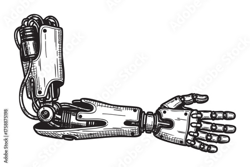 Detailed black outline sketch of a robotic arm with mechanical joints and intricate components, showcasing advanced prosthetic technology.