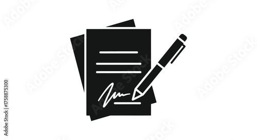 Black silhouette of a pen signing a document with lines and a signature on white background silhouette