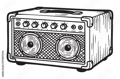 Black and white line drawing of a vintage guitar amplifier with dual speakers and control knobs, featuring a sturdy rectangular design.