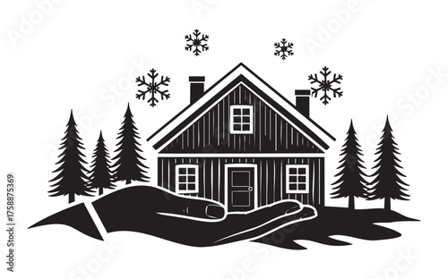 Hand holding a cozy wooden cabin with evergreen trees and snowflakes, symbolizing protection and winter safety.