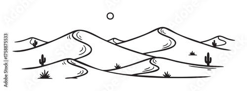 Black outline drawing of rolling sand dunes with sparse desert vegetation and a rising sun. simple linear design for nature and desert-themed concepts.