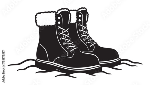 Black and white silhouette of warm, insulated winter boots with laces and fur lining, standing on a textured ground.
