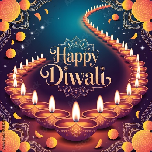 Diwali celebration card with decorative oil lamps illuminated in the night, featuring Happy Diwali wishes in stylish lettering. Celebrate the festive occasion with light and joy.
