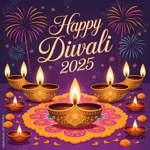 Illuminating Diwali celebration with firework & lamp. Diwali celebration features a rangoli pattern, diyas, and fireworks. The image wishes a happy Diwali.
