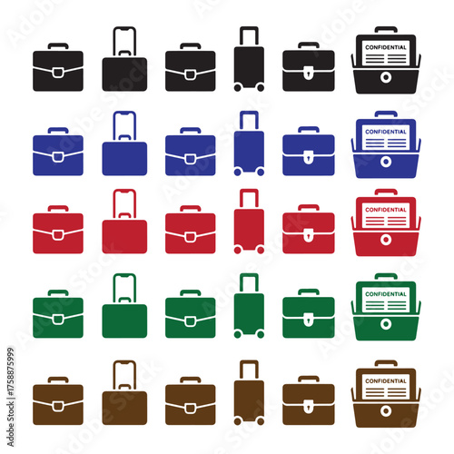 Diverse collection of colorful briefcases and luggage for business travel.