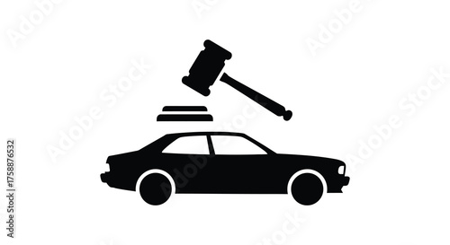 Black silhouette of a car being struck by a gavel representing auction or legal judgment silhouette