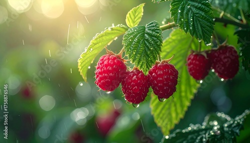 Fresh Raspberries on the Vine in the Rain.