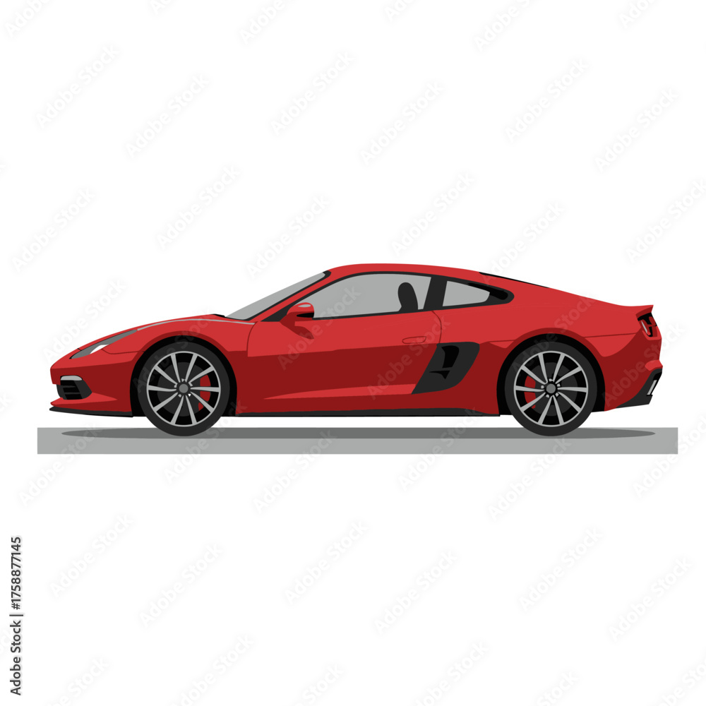 Naklejka premium Side view illustration of a modern red mid-engine sports coupe with black wheels and air intake on a gray road line, isolated on white background