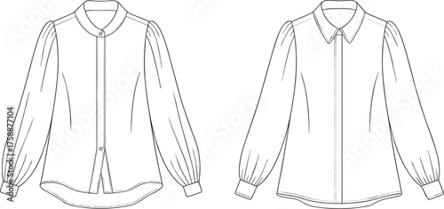 Fashion blouse technical sketch, long sleeve shirt vector, garment construction drawing, flat fashion illustration, apparel design template, sewing reference