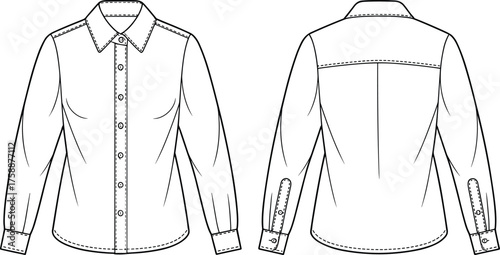 Men’s shirt flat sketch, technical fashion drawing, long sleeve button up, front and back view, apparel construction template, clothing vector illustration, garment design