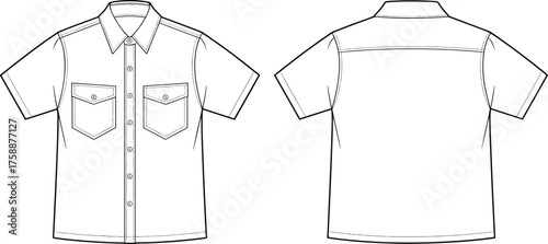 Men’s shirt flat sketch, technical fashion drawing, short sleeve design, front and back view, apparel construction template, clothing vector illustration, garment blueprint