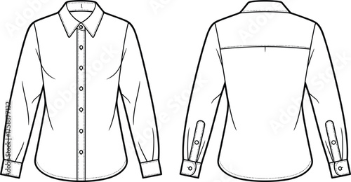 Men’s shirt flat sketch, technical fashion drawing, long sleeve button up, front and back view, apparel construction template, clothing vector illustration