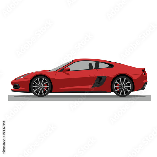 Side view illustration of a modern red mid-engine sports coupe with black wheels and air intake on a gray road line, isolated on white background