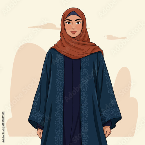 Illustrated portrait of a confident young Muslim woman wearing a terracotta-colored hijab and a stylish, dark blue embroidered abaya in a modest fashion style