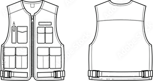 Utility vest flat sketch, technical fashion drawing, front and back view, multi-pocket design, apparel construction template, clothing vector illustration, garment blueprint