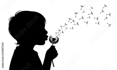 A black silhouette of a child blowing dandelion seeds. 