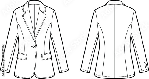Women’s blazer flat sketch, technical fashion drawing, notched lapel design, front and back view, apparel construction template, clothing vector illustration, garment blueprint