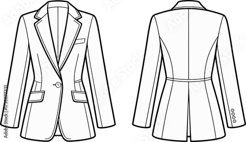 Women’s blazer flat sketch, technical fashion drawing, tailored jacket design, front and back view, apparel construction template, clothing vector illustration, garment design, style