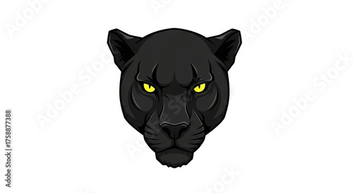 A black panther head with piercing yellow eyes faces forward set against a plain white background