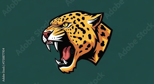 Cartoon jaguar head snarling with sharp teeth and a spotted coat on a solid dark green background