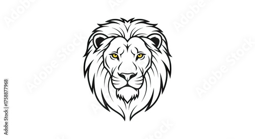 Frontal view of a lion head with a prominent mane and yellow eyes drawn in black lines on a white background