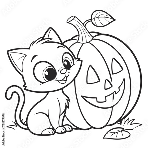 Vector illustration of Charming Halloween-themed coloring activity featuring a playful cat and pumpkin for children’s creativity enhancement black and white page
