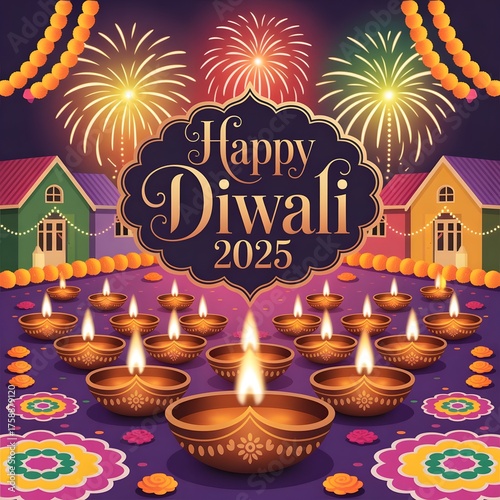 Colorful fireworks illuminating the night sky with 'Happy Diwali' wishes