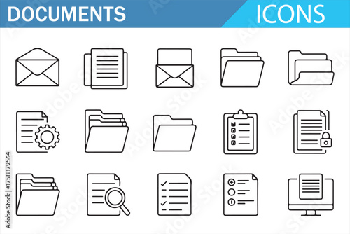 Business paperwork icon set — search, checklist, lock, and approval