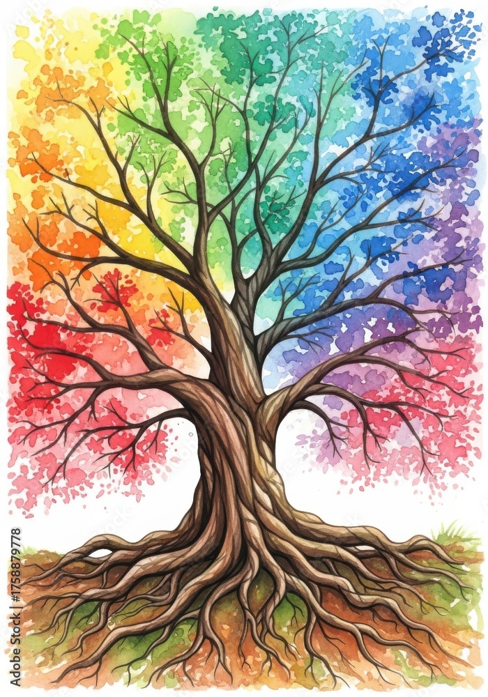 Obraz premium Watercolor painting of a tree with rainbow colored leaves and a brown trunk