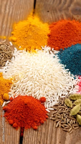 Colorful spices and rice arranged on a rustic wooden surface