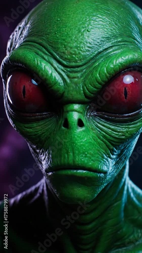 Close up view of an extraterrestrial with green skin and red eyes against dark backdrop