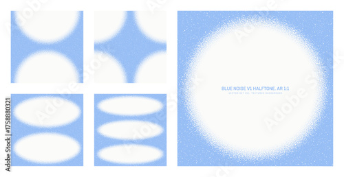 Assorted vector blue noise halftone pattern set in square 1:1 aspect ratio including circle frame and various granular textures. Varied half tone graphic grainy textured design element collection