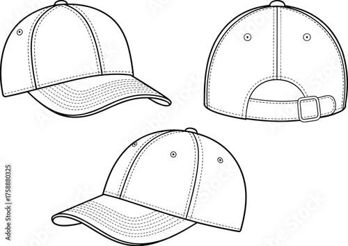 Baseball cap front side back view, casual headwear design, adjustable strap hat template, detailed cad drawing flat vector illustration