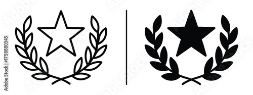 Star Laurel Logo: A minimalist logo featuring a star within a laurel wreath, in both outlined and filled versions, symbolizing achievement and honor.