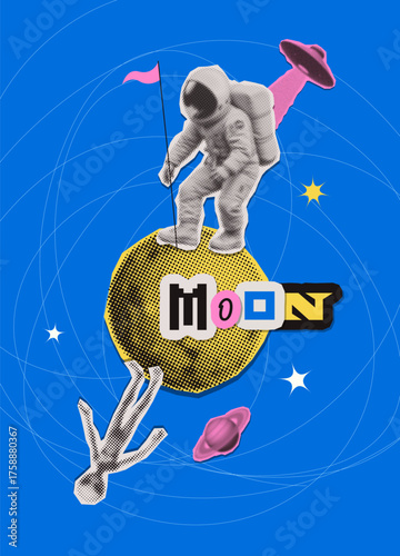 Space surreal collage poster With An Astronaut and Alien on the moon in outer space. Humor funny Concept . Flat vector illustration with torn out paper stickers and letters.