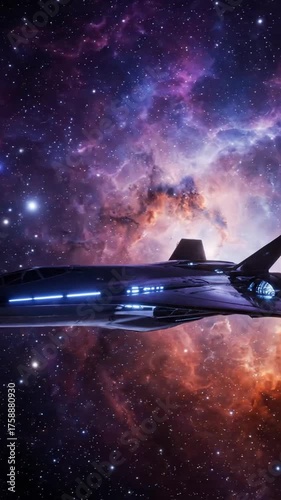 Futuristic spaceship in deep space against a colorful nebula background